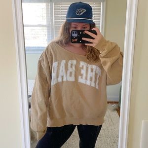 LAST CHANCE The Bar Tan Off the Shoulder Varsity Crewneck Sweatshirt